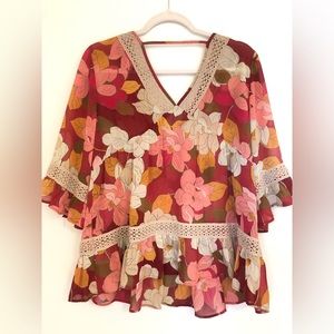 Floral tiered peasant blouse - 3/4 sleeve - Large